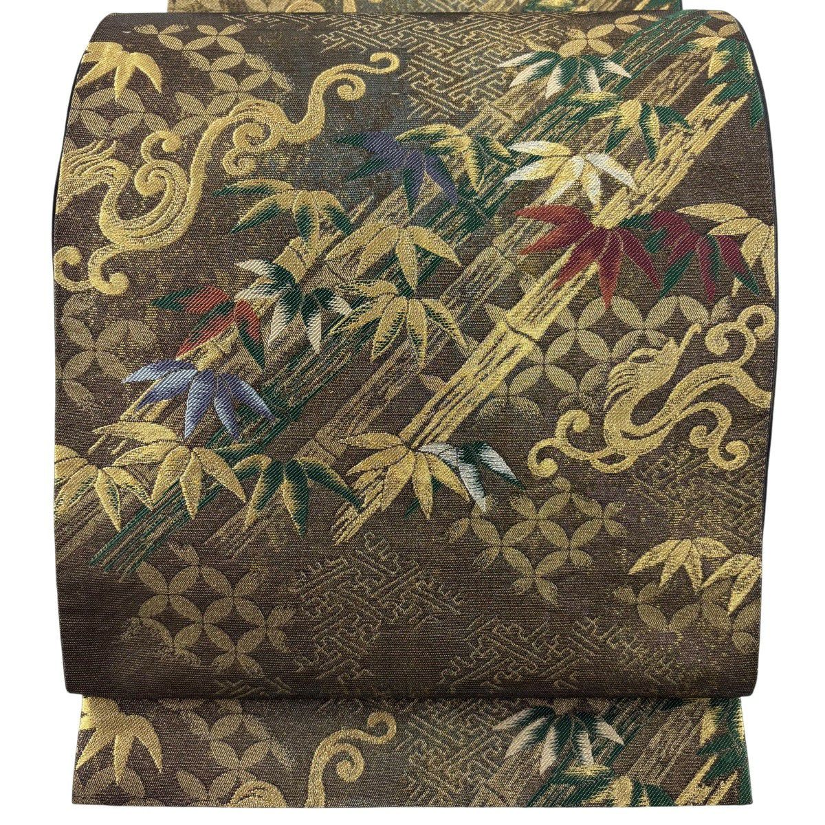 【美品】 袋帶 名品級 コシノアヤコ 落款あり 竹子 紗綾形 金銀糸 茶 六通 純蠶絲