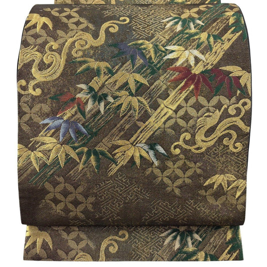 【美品】 袋帶 名品級 コシノアヤコ 落款あり 竹子 紗綾形 金銀糸 茶 六通 純蠶絲