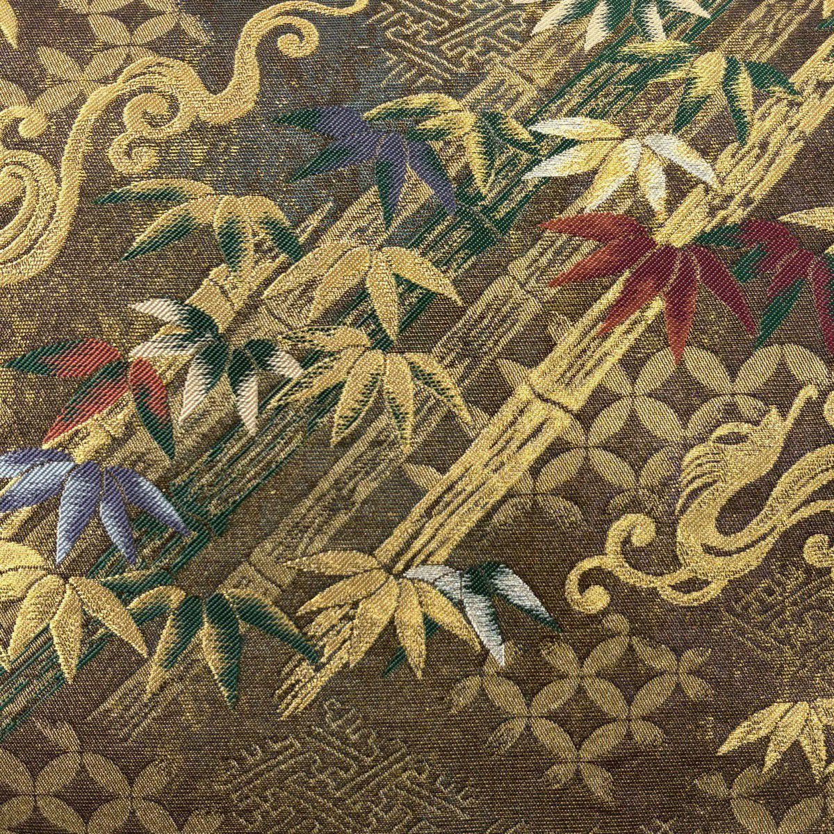 【美品】 袋帶 名品級 コシノアヤコ 落款あり 竹子 紗綾形 金銀糸 茶 六通 純蠶絲