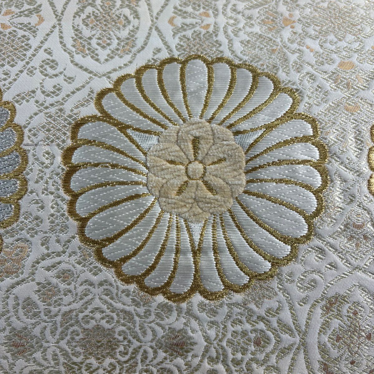 袋帶 名品級 花 華紋 唐織 金銀彩 奶油 六通 純蠶絲