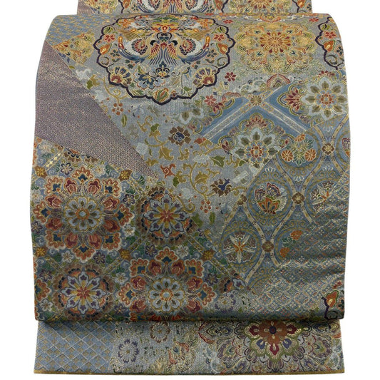 【美品】 袋帶 名品級 壹千八百織 紹? 向鳥 華紋 金金箔 青灰 六通 純蠶絲