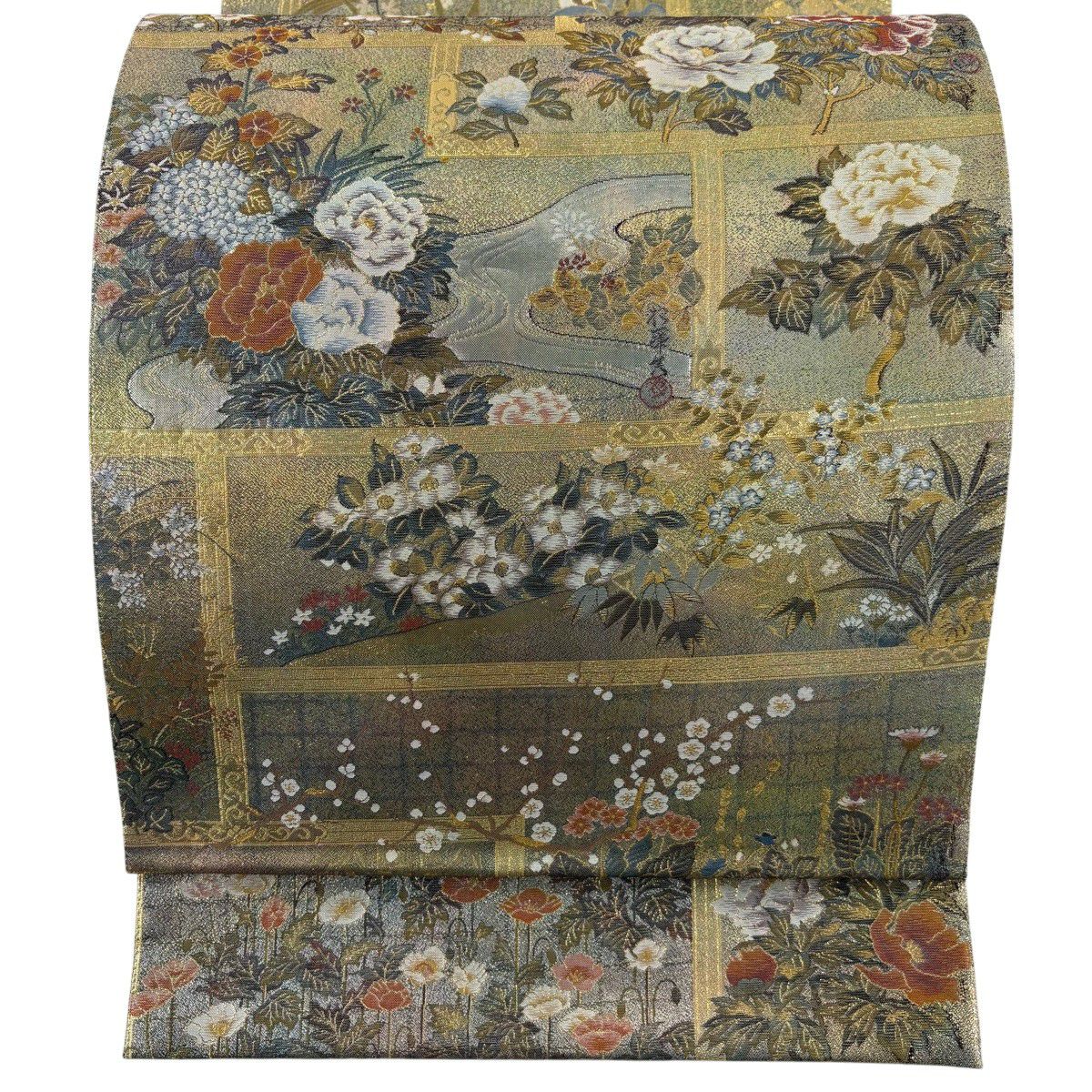 【美品】 袋帶 名品級 琳派大全集 草花紋 金銀彩 綠 全通 純蠶絲