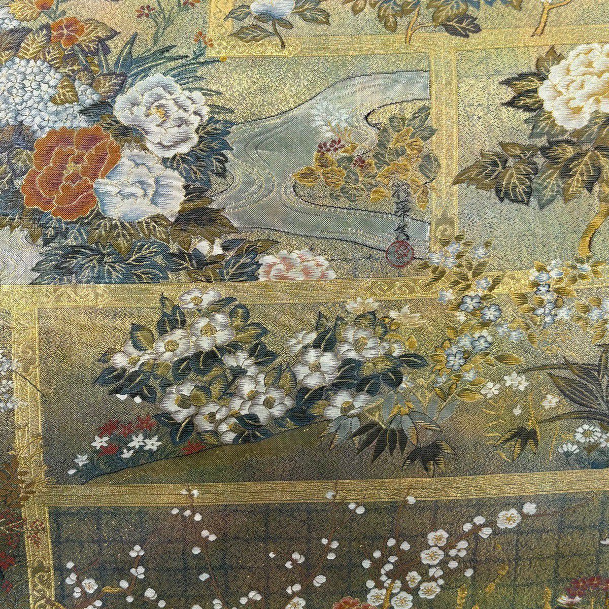【美品】 袋帶 名品級 琳派大全集 草花紋 金銀彩 綠 全通 純蠶絲