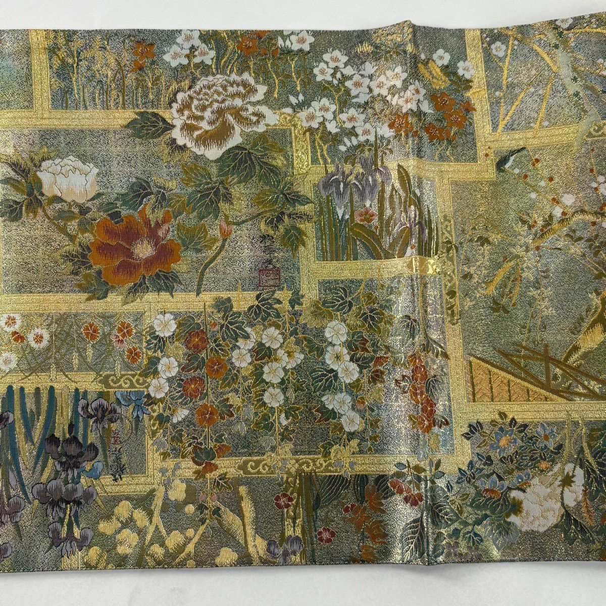 【美品】 袋帶 名品級 琳派大全集 草花紋 金銀彩 綠 全通 純蠶絲