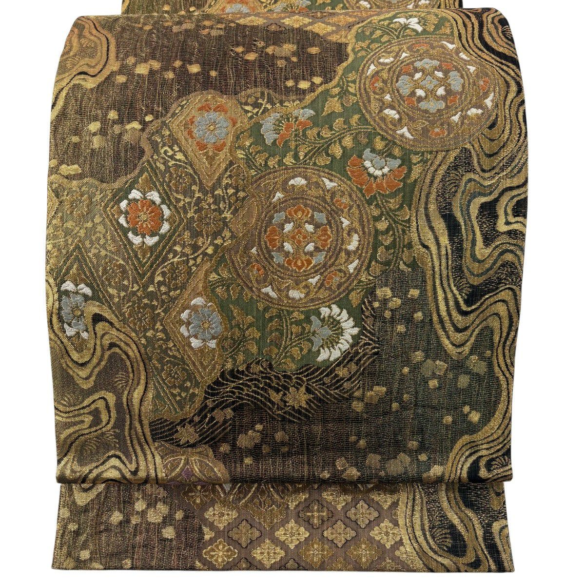 【美品】 袋帶 名品級 華紋 花唐草紋 金金箔 金茶 六通 純蠶絲