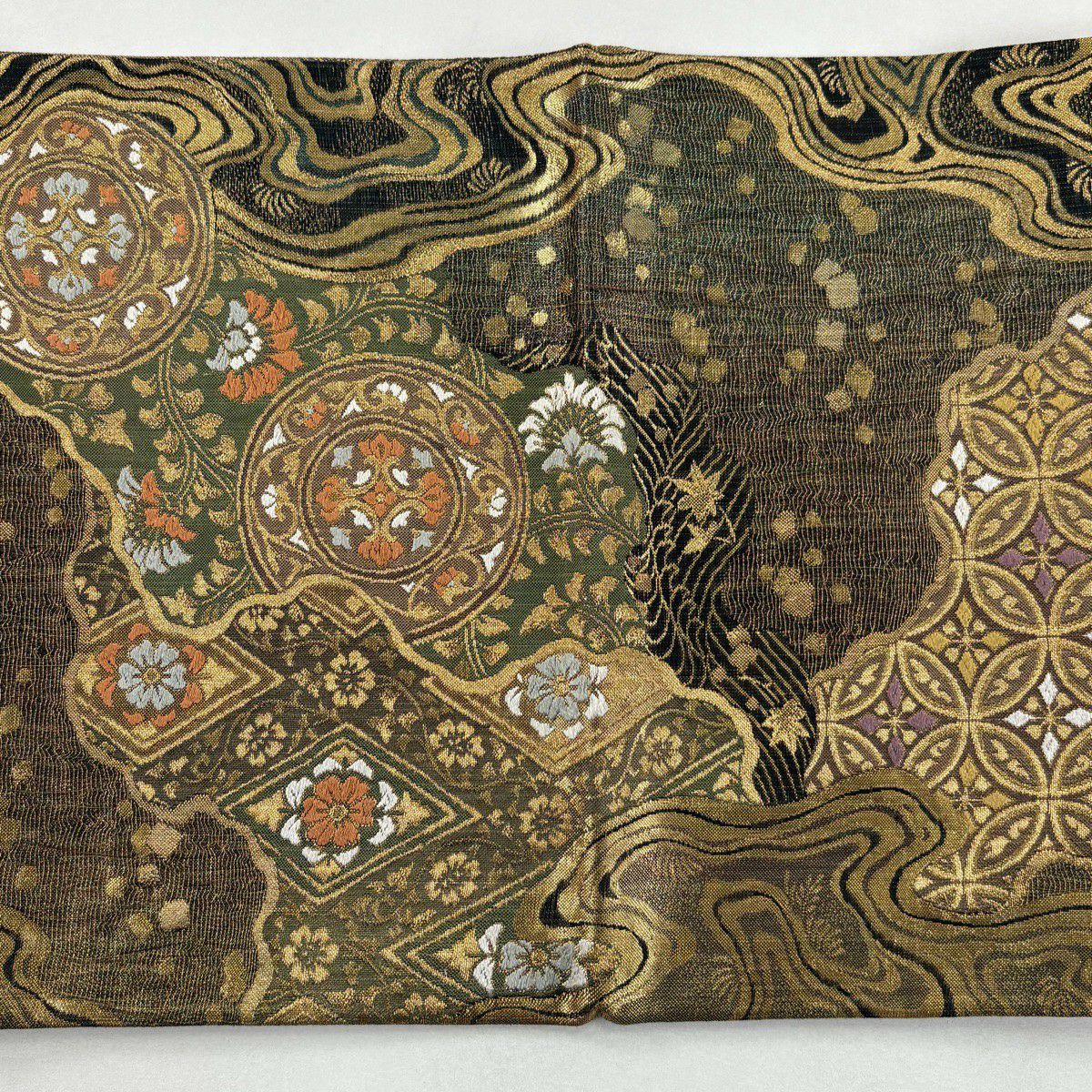 【美品】 袋帶 名品級 華紋 花唐草紋 金金箔 金茶 六通 純蠶絲