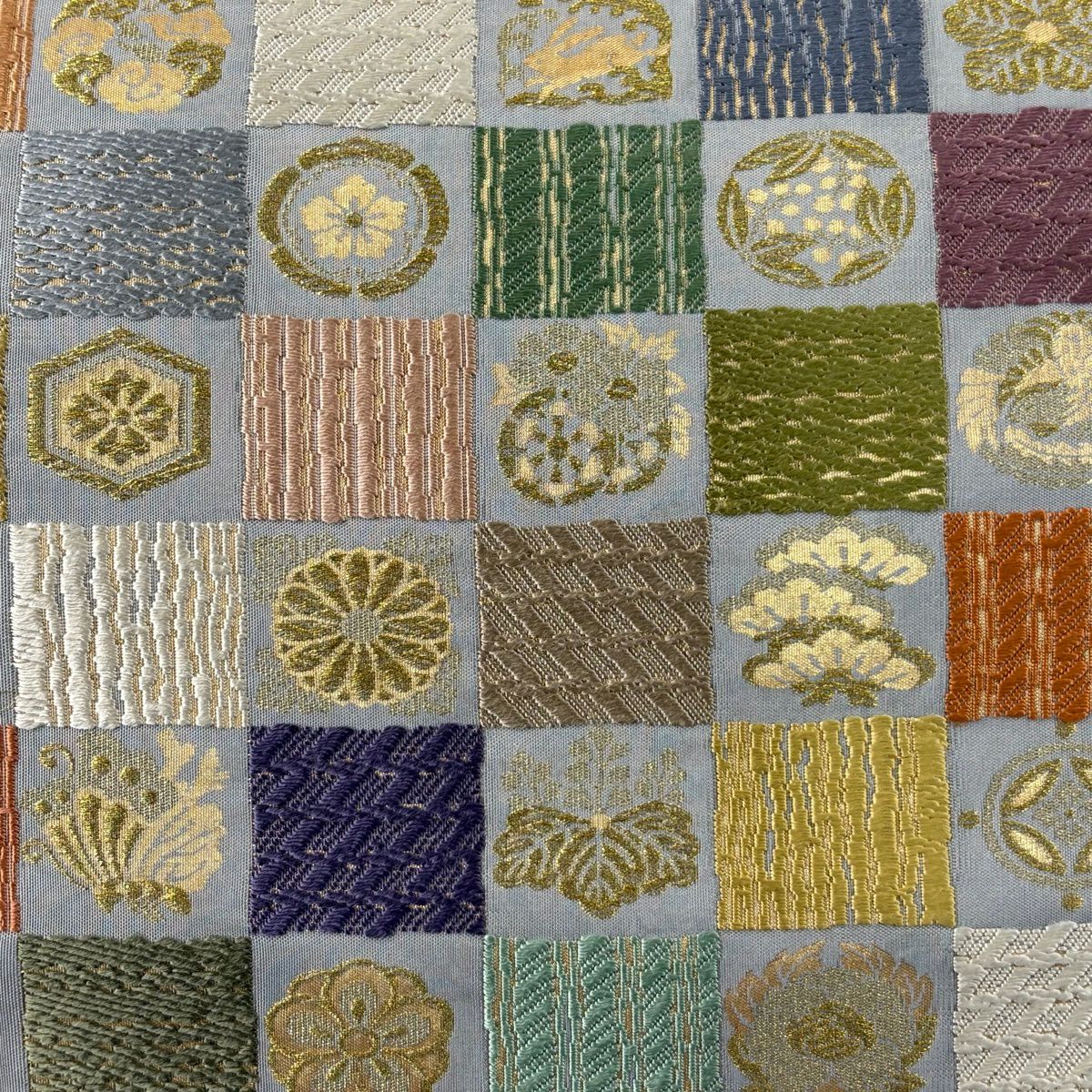 【美品】 袋帶 名品級 草木染 紬織織 變市松樹 仙鶴 唐織 金金箔 青灰 六通 純蠶絲