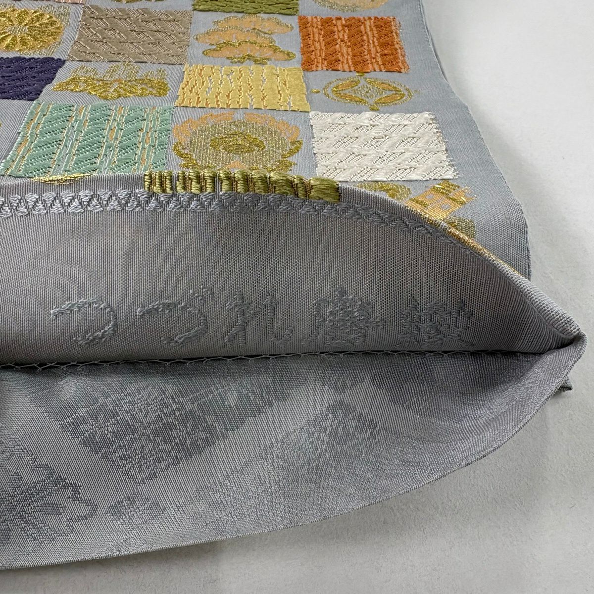 【美品】 袋帶 名品級 草木染 紬織織 變市松樹 仙鶴 唐織 金金箔 青灰 六通 純蠶絲