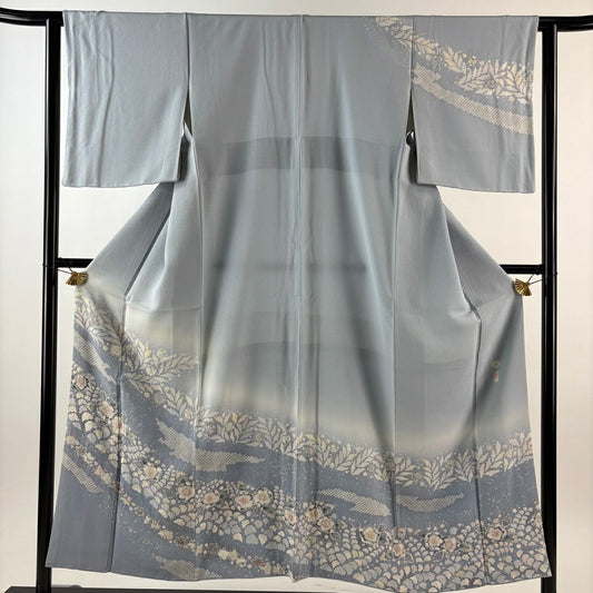 訪問服 身長151cm 袖長61.5cm S 雙層 翠山工房 落款あり 辻花染 漸層 青灰 純蠶絲 秀品級