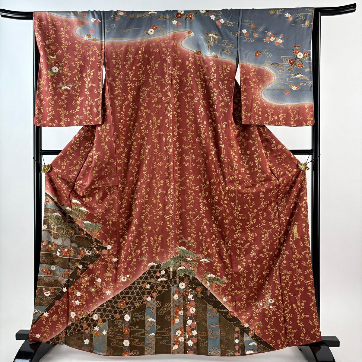 訪問服 身長164.5cm 袖長65.5cm M 雙層 松樹竹子梅花 青海波 金絲 金銀彩 紅茶 純蠶絲 秀品級