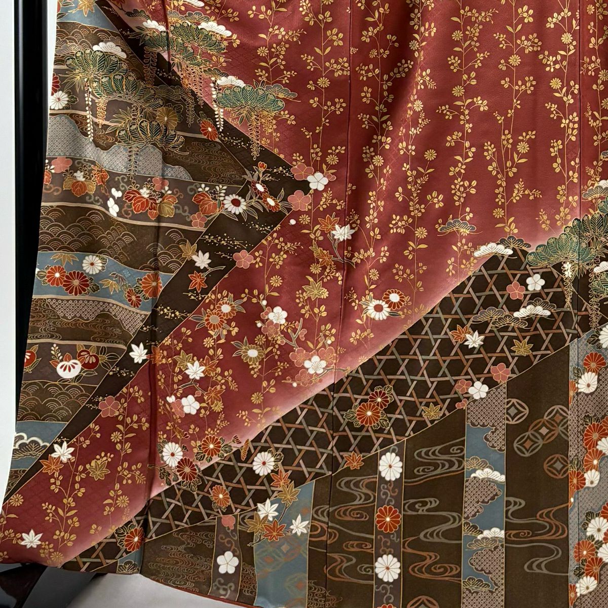 訪問服 身長164.5cm 袖長65.5cm M 雙層 松樹竹子梅花 青海波 金絲 金銀彩 紅茶 純蠶絲 秀品級