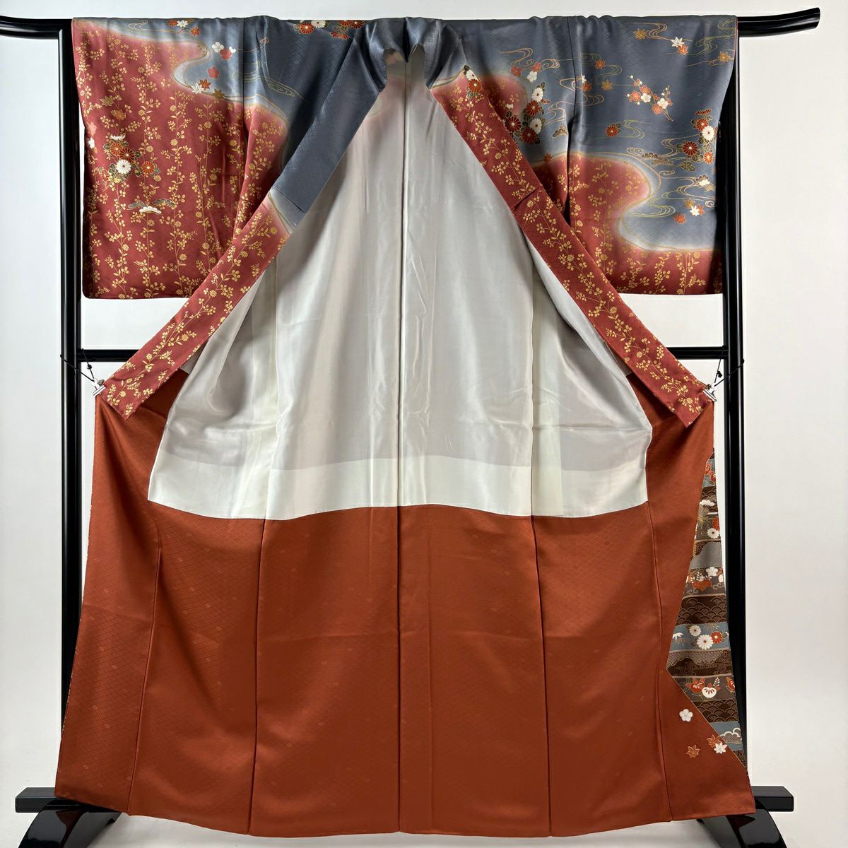 訪問服 身長164.5cm 袖長65.5cm M 雙層 松樹竹子梅花 青海波 金絲 金銀彩 紅茶 純蠶絲 秀品級