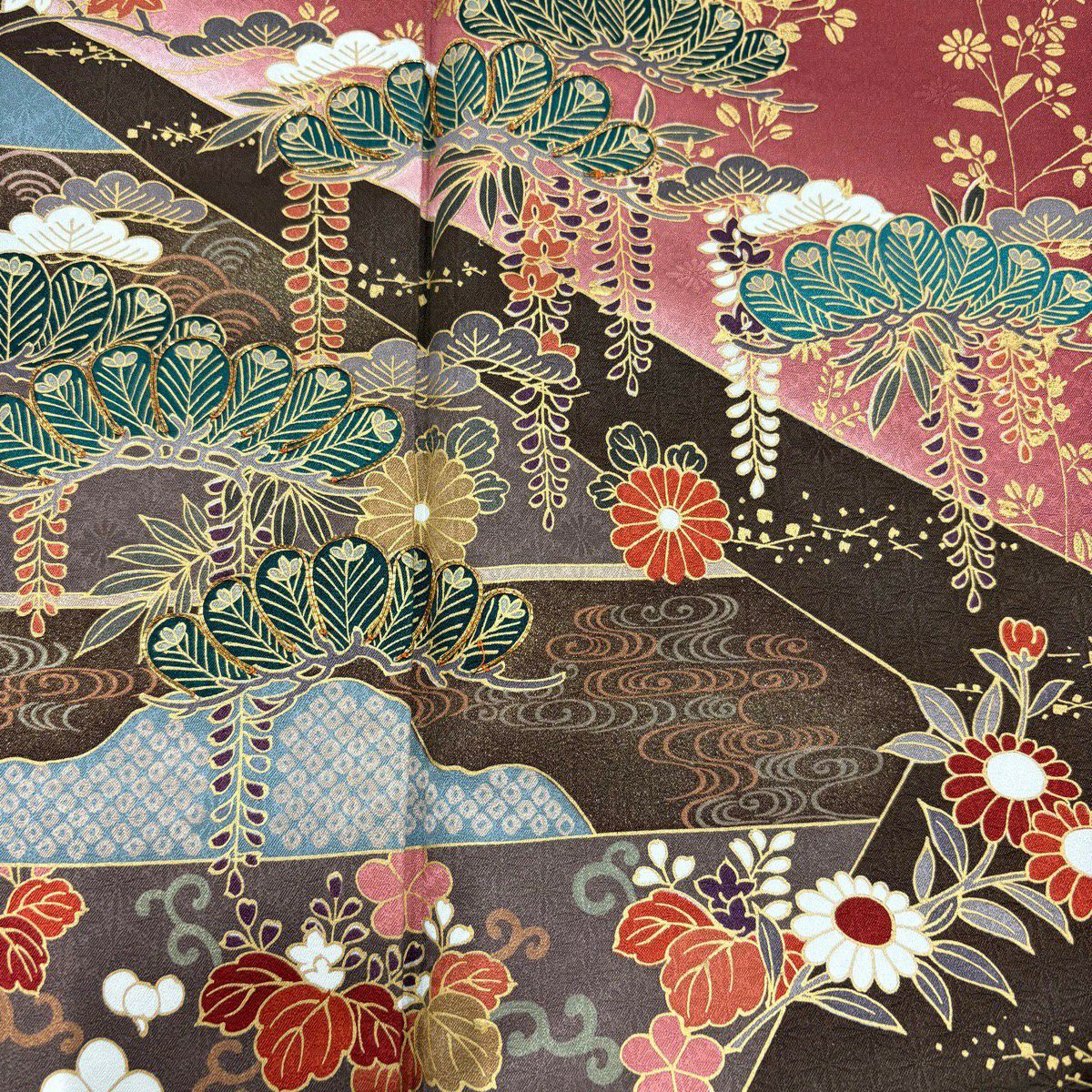 訪問服 身長164.5cm 袖長65.5cm M 雙層 松樹竹子梅花 青海波 金絲 金銀彩 紅茶 純蠶絲 秀品級