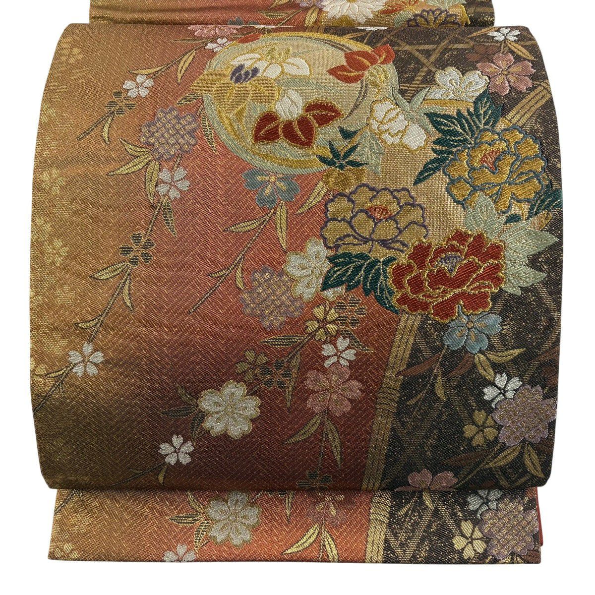 袋帶 秀品級 花丸紋 垂枝櫻 金絲 金金箔 紅茶 六通 純蠶絲