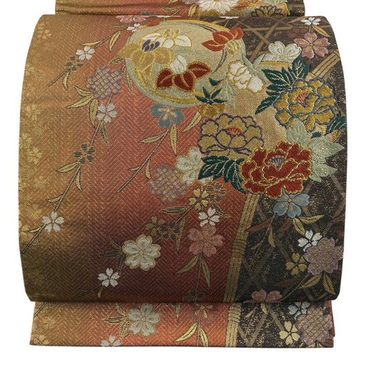 袋帶 秀品級 花丸紋 垂枝櫻 金絲 金金箔 紅茶 六通 純蠶絲