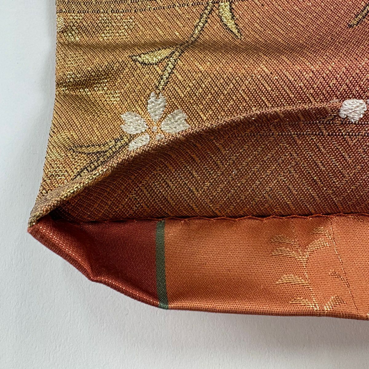 袋帶 秀品級 花丸紋 垂枝櫻 金絲 金金箔 紅茶 六通 純蠶絲