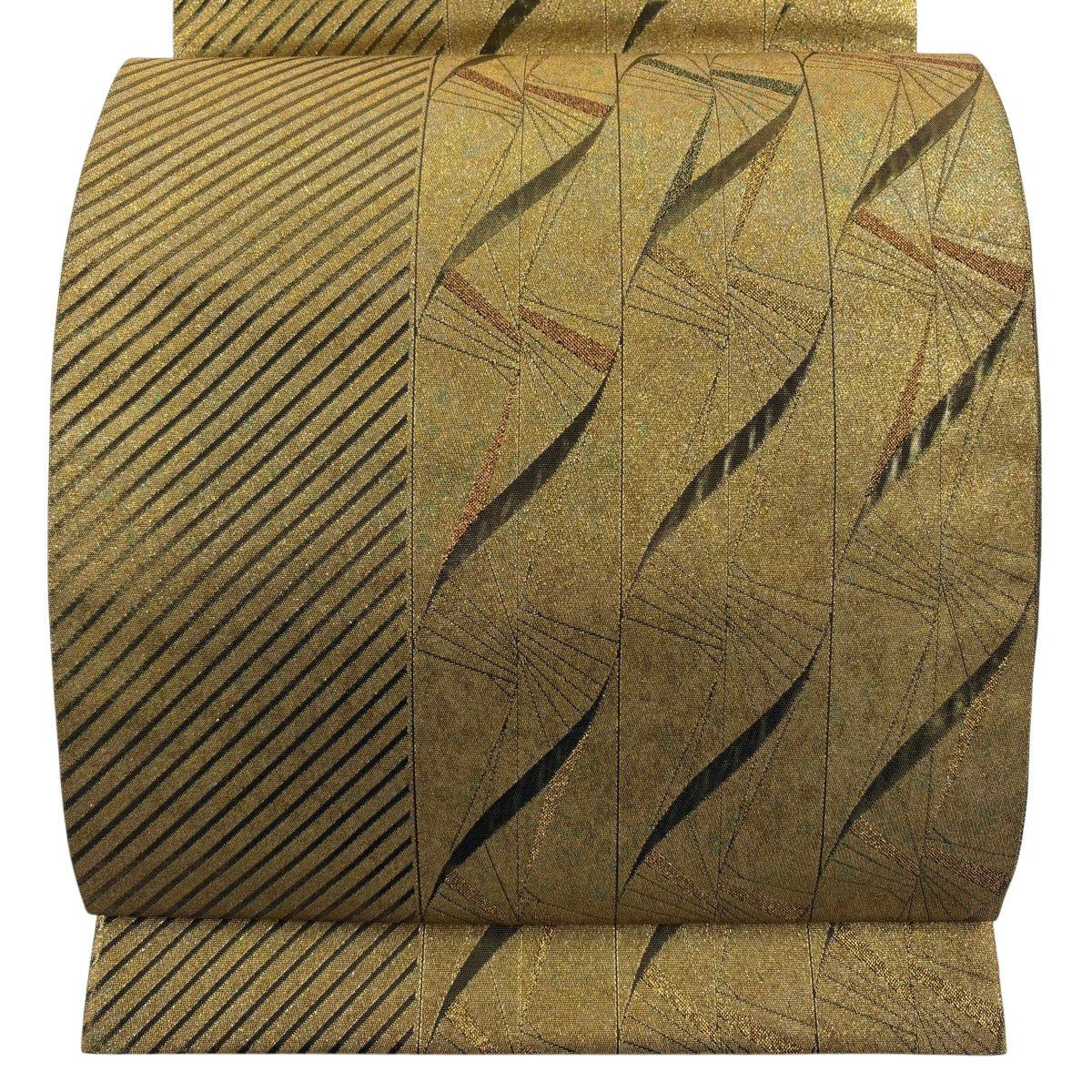 【美品】 袋帶 秀品級 斜紋 幾何學 青銅金箔 金絲 金 六通 純蠶絲