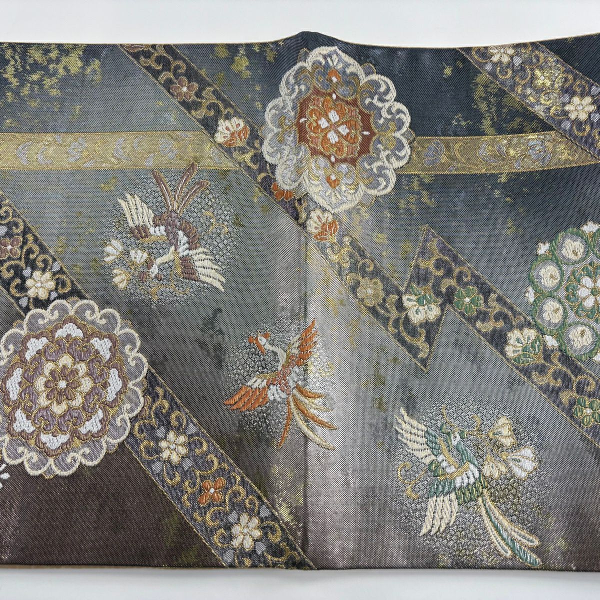 袋帶 秀品級 華紋 花喰鳥 金銀彩 金金箔 深藍 六通 純蠶絲