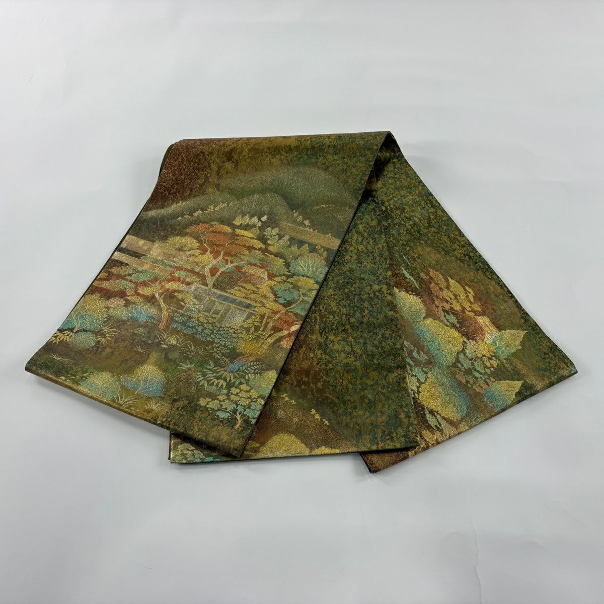 袋帶 秀品級 嵯峨祇王寺 山並 金銀彩 茶綠 純蠶絲