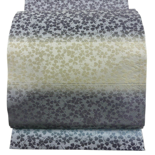 【美品】 袋帶 優品級 三葉草 條紋 水藍色 全通 純蠶絲