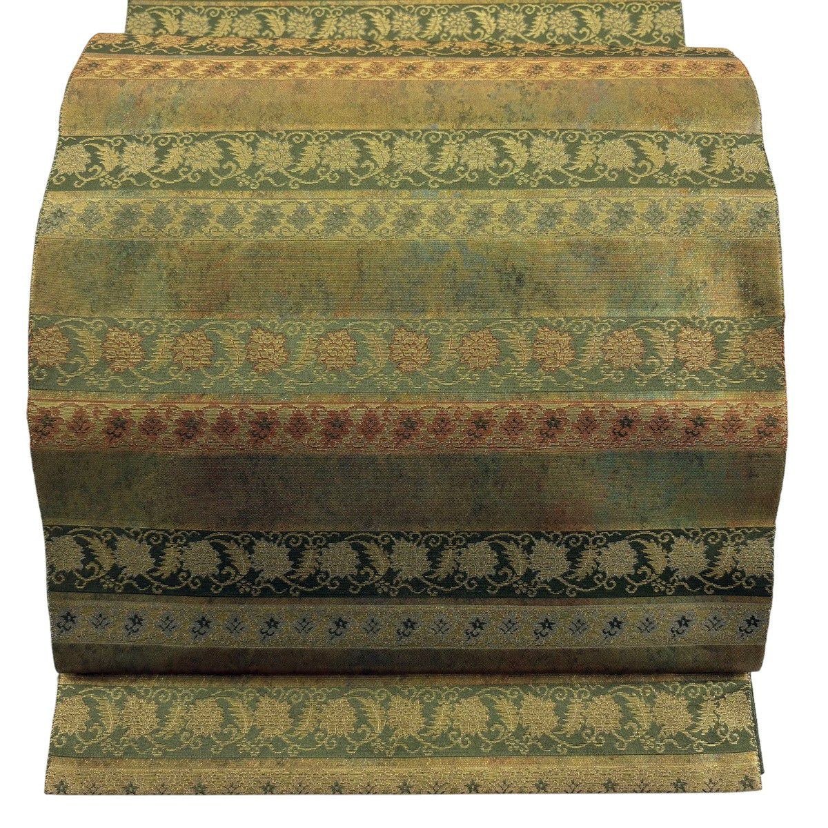 【美品】 袋帶 秀品級 名物裂間道 花唐草紋 金糸 金金箔 綠 お太鼓柄 純蠶絲