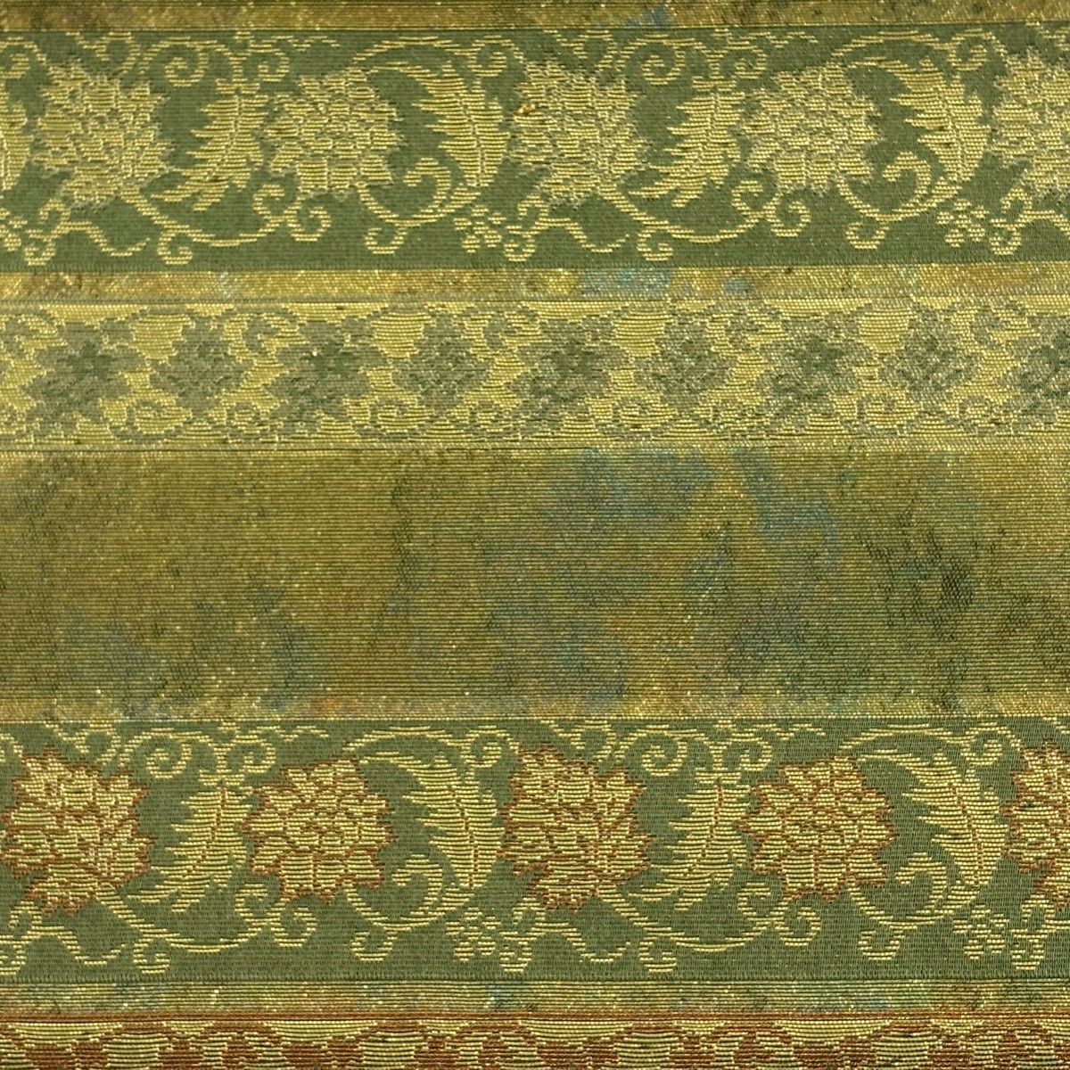 【美品】 袋帶 秀品級 名物裂間道 花唐草紋 金糸 金金箔 綠 お太鼓柄 純蠶絲