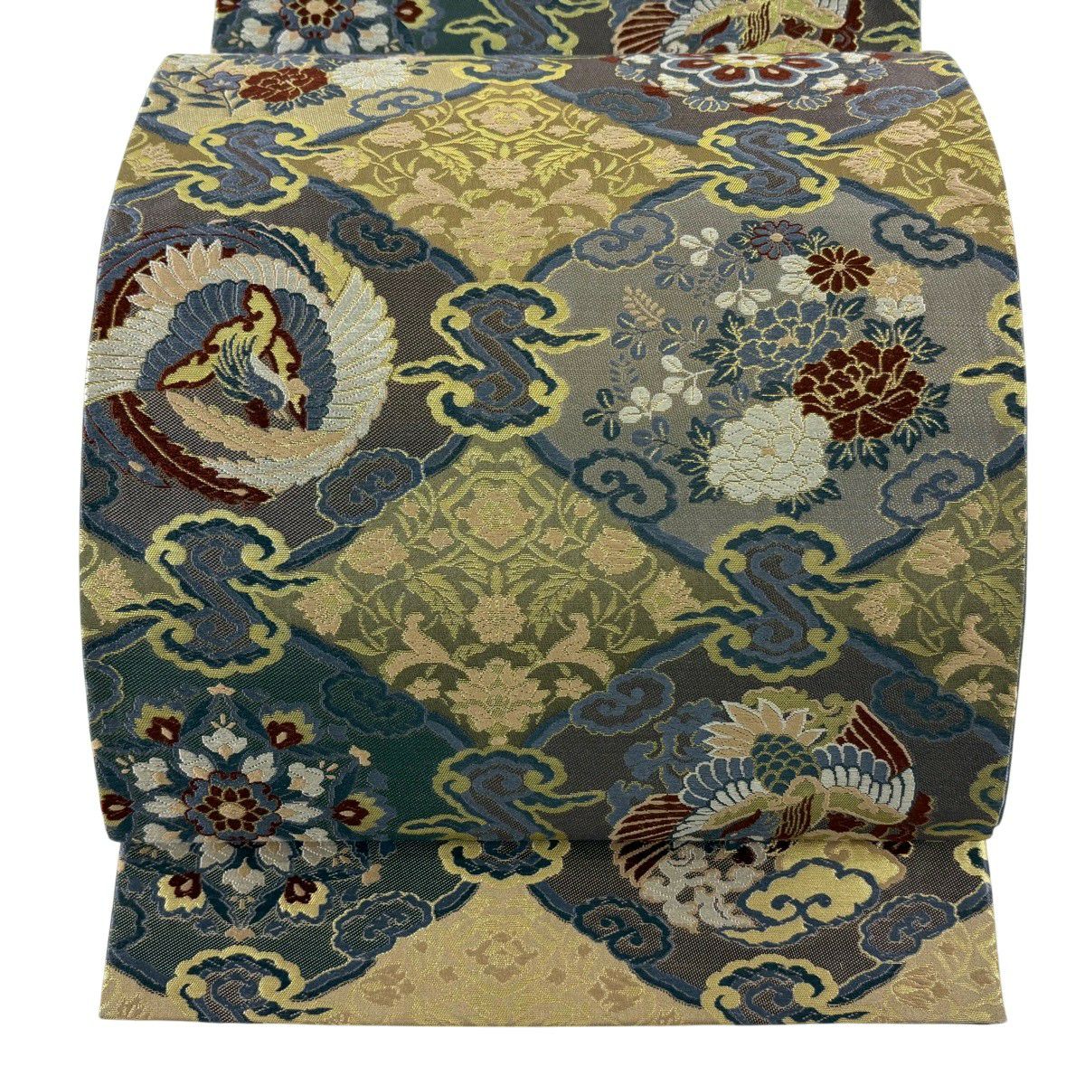 【美品】 袋帶 秀品級 瑞祥彩錦 華紋 鳳凰 唐織 金金箔 灰紫 六通 純蠶絲