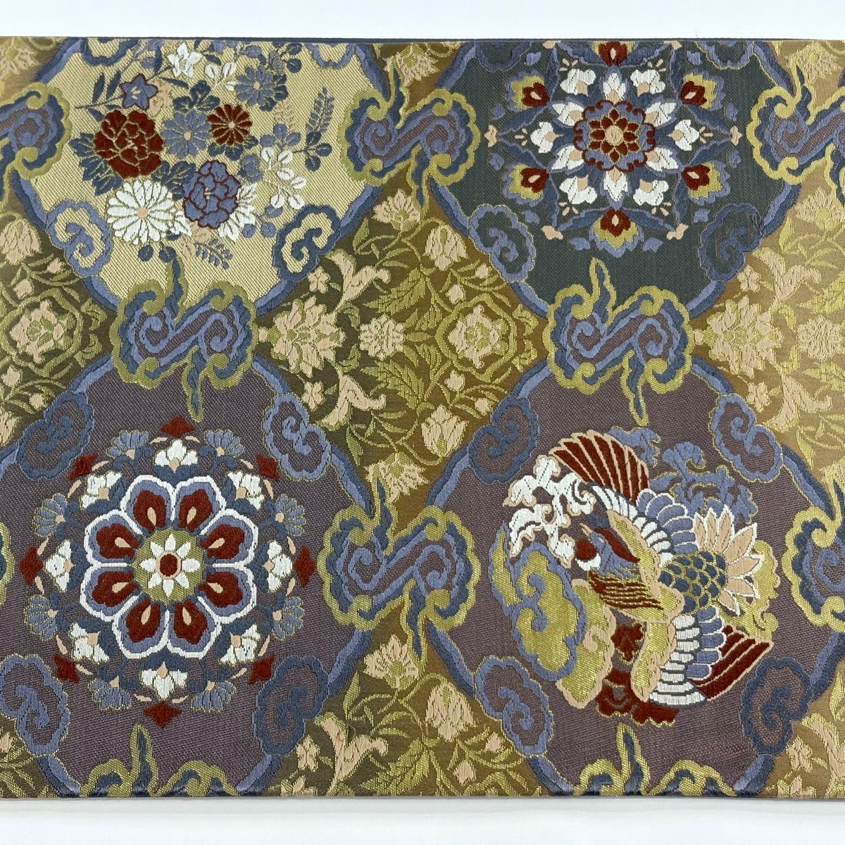 【美品】 袋帶 秀品級 瑞祥彩錦 華紋 鳳凰 唐織 金金箔 灰紫 六通 純蠶絲