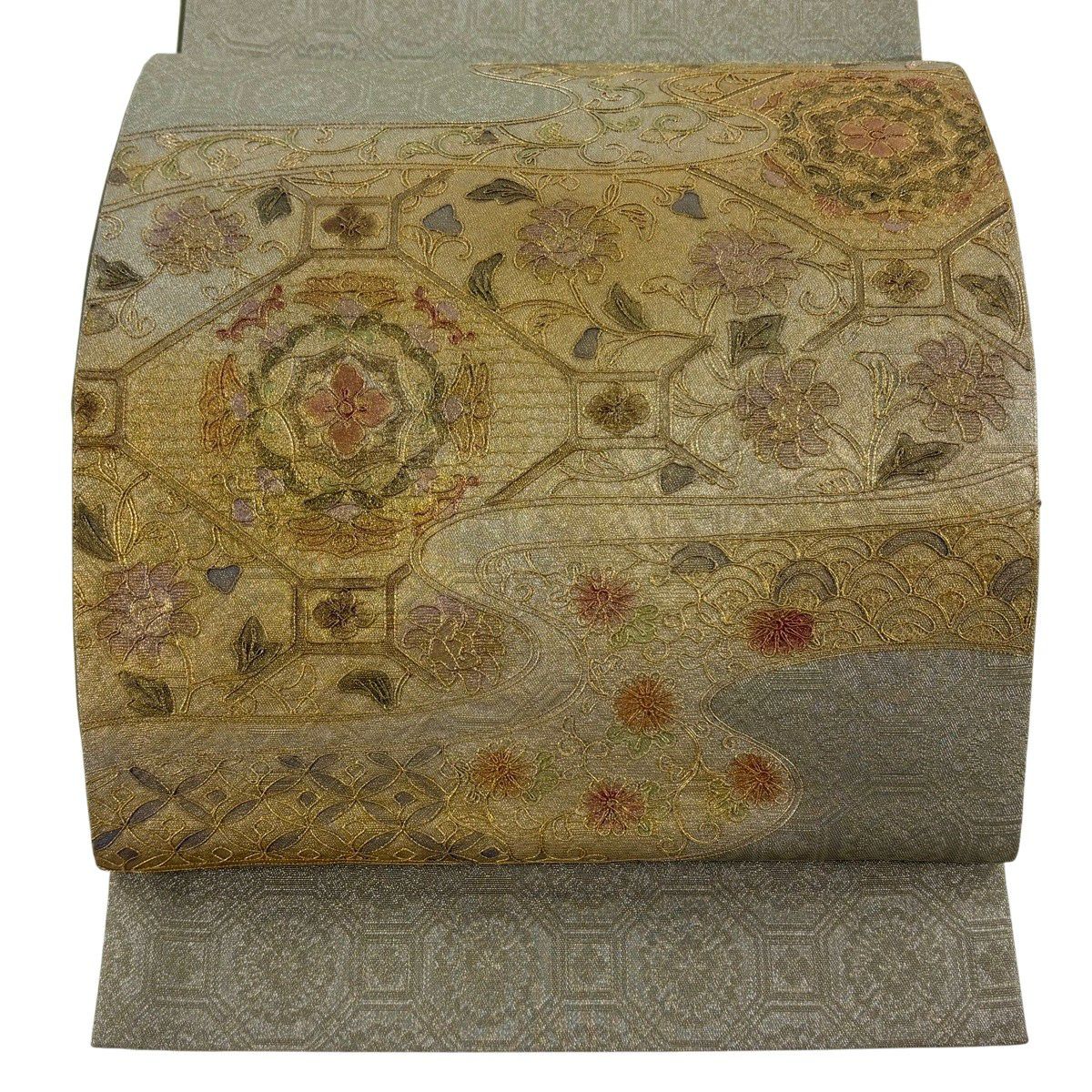 【美品】 袋帶 秀品級 蜀江華紋 花唐草紋 刺繡 金銀彩 灰綠 お太鼓柄 純蠶絲