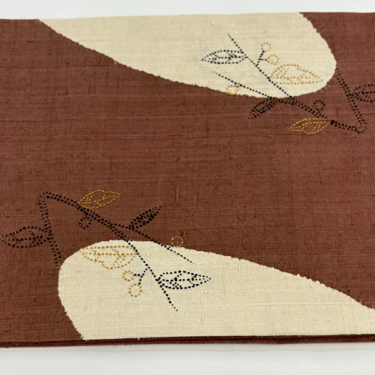 開口名古屋帶 優品級 紬織織 葉與果 幾何圖案 刺繡 紅茶 純蠶絲
