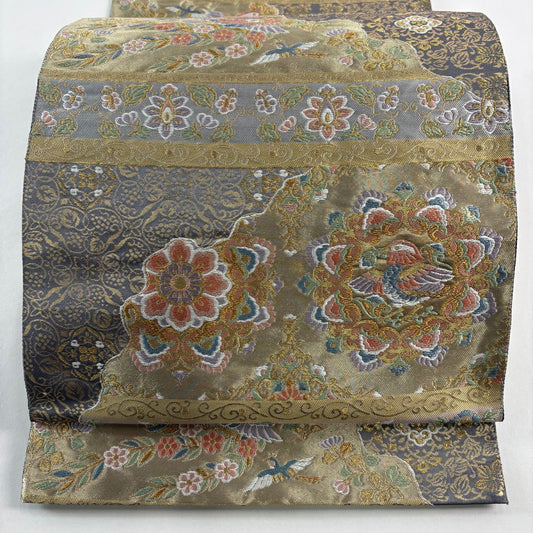 袋帶 秀品級 服部織物 落款 華紋 花喰鳥 唐織 金金箔 金色 六通 純蠶絲