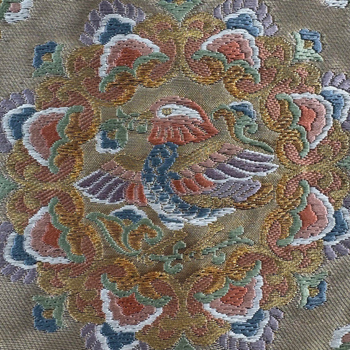袋帶 秀品級 服部織物 落款 華紋 花喰鳥 唐織 金金箔 金色 六通 純蠶絲