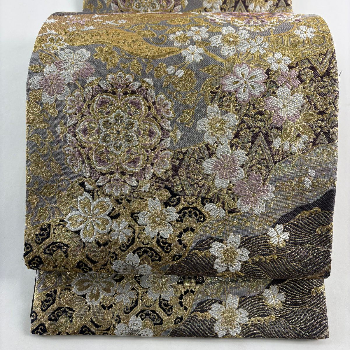【美品】 袋帶 秀品級 大和 華紋 櫻花 金金箔 金絲 灰色 六通 純蠶絲