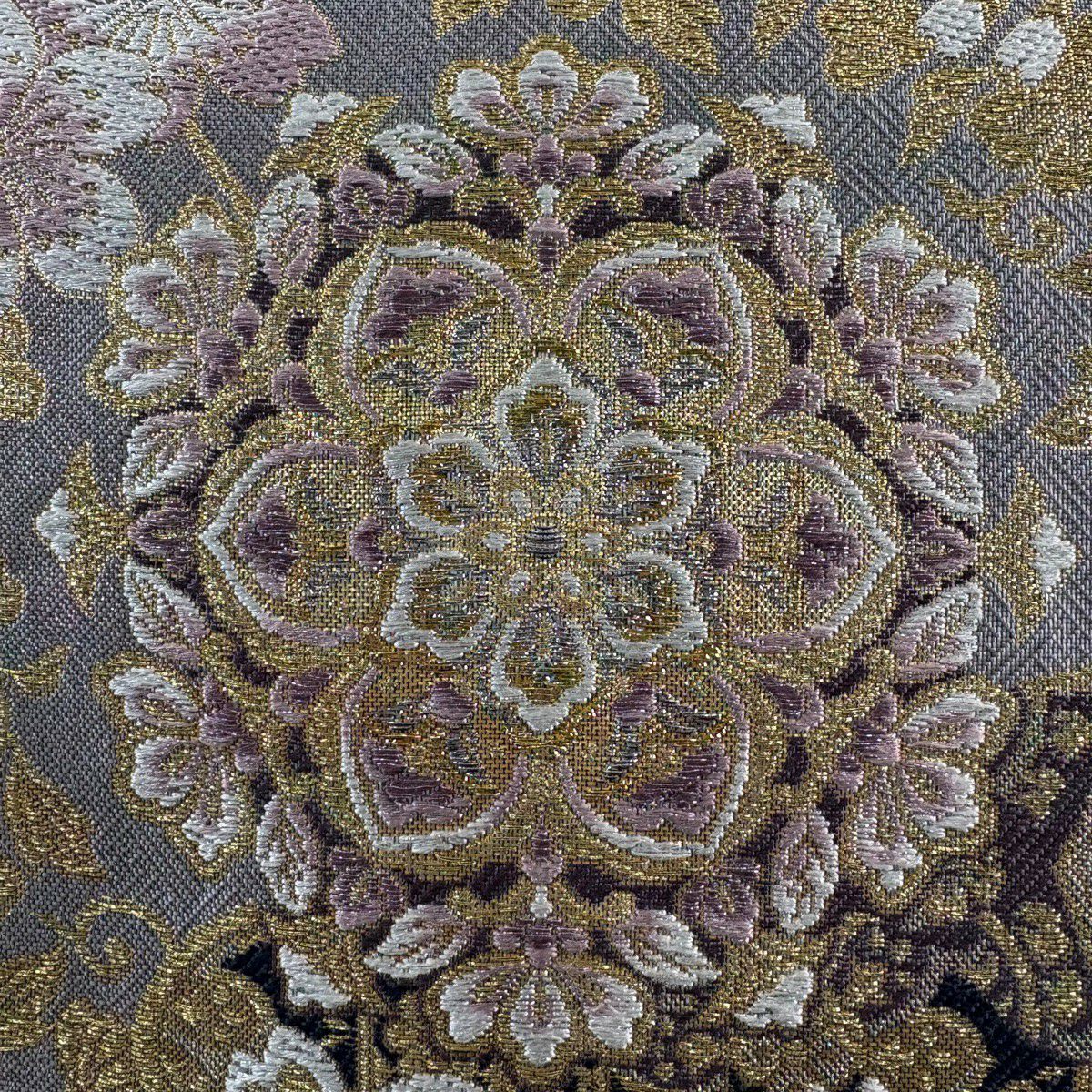 【美品】 袋帶 秀品級 大和 華紋 櫻花 金金箔 金絲 灰色 六通 純蠶絲