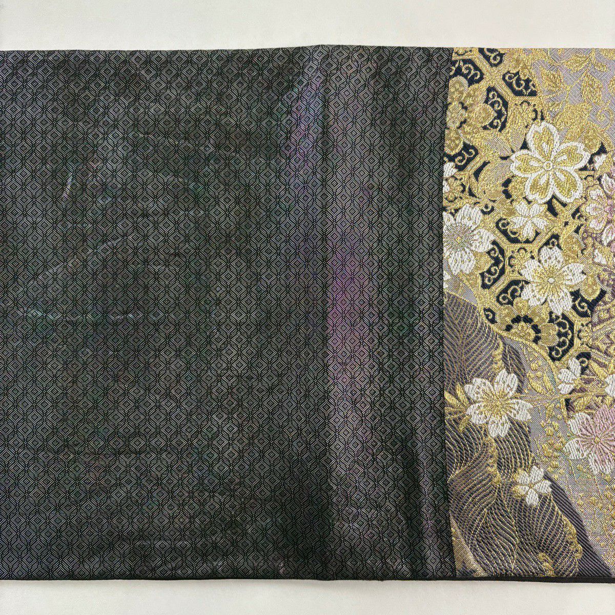 【美品】 袋帶 秀品級 大和 華紋 櫻花 金金箔 金絲 灰色 六通 純蠶絲