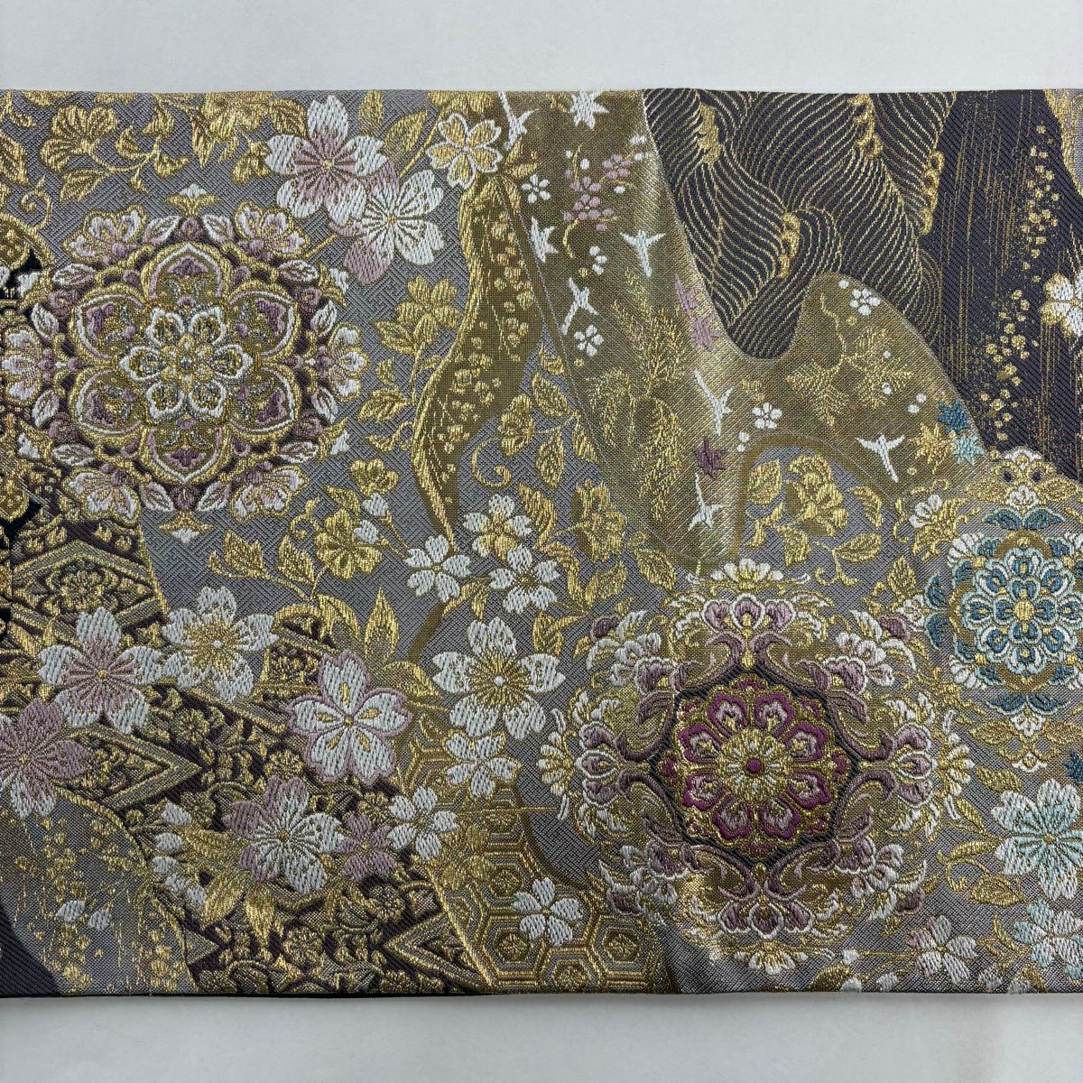 【美品】 袋帶 秀品級 大和 華紋 櫻花 金金箔 金絲 灰色 六通 純蠶絲