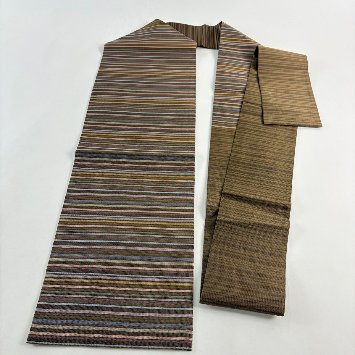 【美品】 名古屋帶 秀品級 紬織織 縞 焦茶 純蠶絲