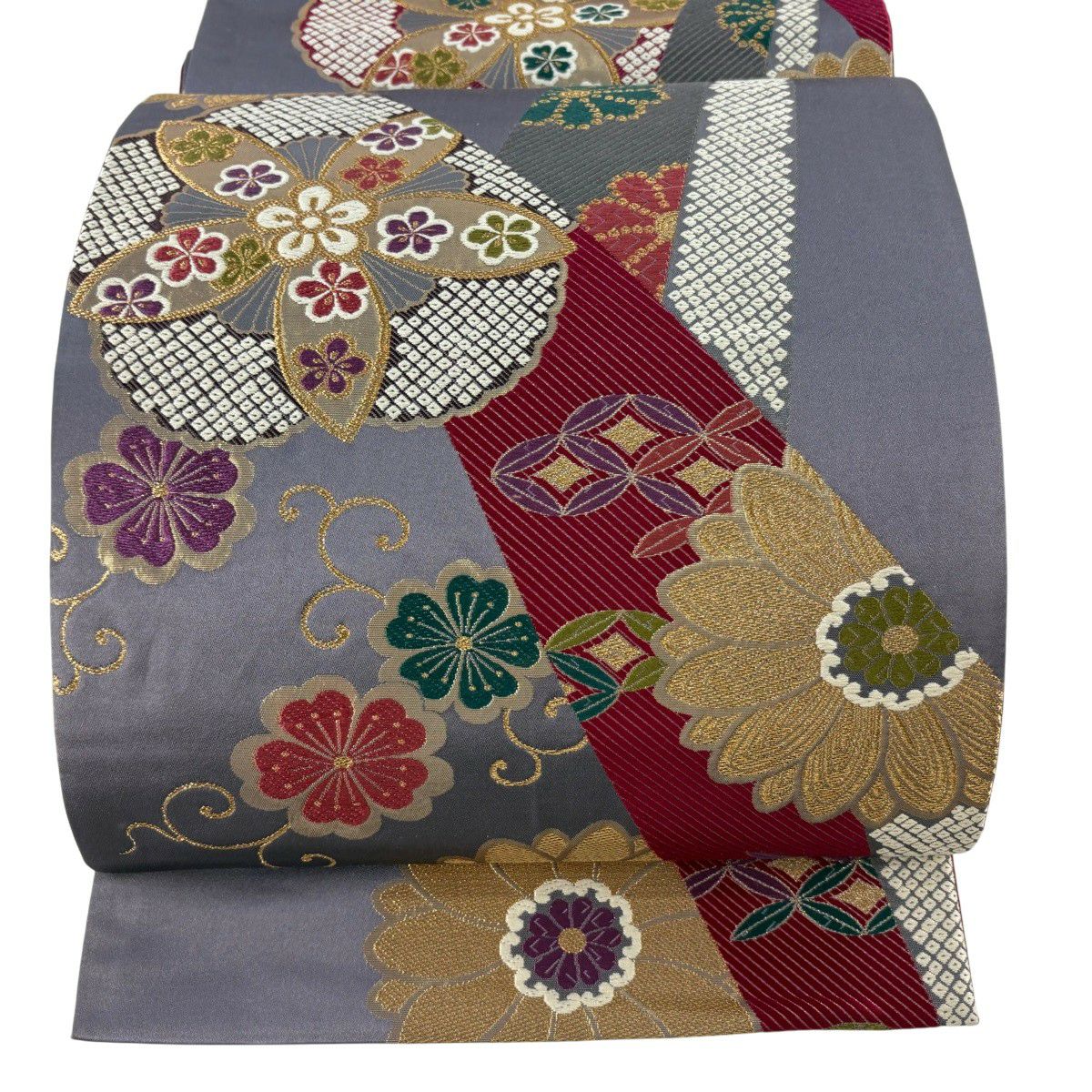 【美品】 袋帶 秀品級 樱花 七寶紋 唐織 金金箔 紫 全通 純蠶絲