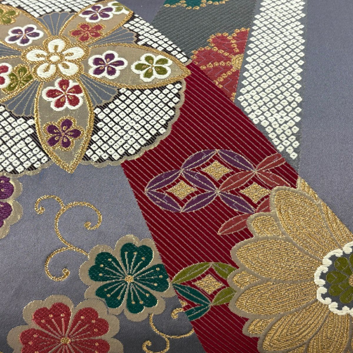 【美品】 袋帶 秀品級 樱花 七寶紋 唐織 金金箔 紫 全通 純蠶絲