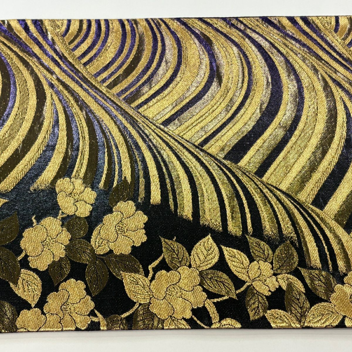 袋帶 秀品級 枝花 波 金金箔 墨 全通 純蠶絲