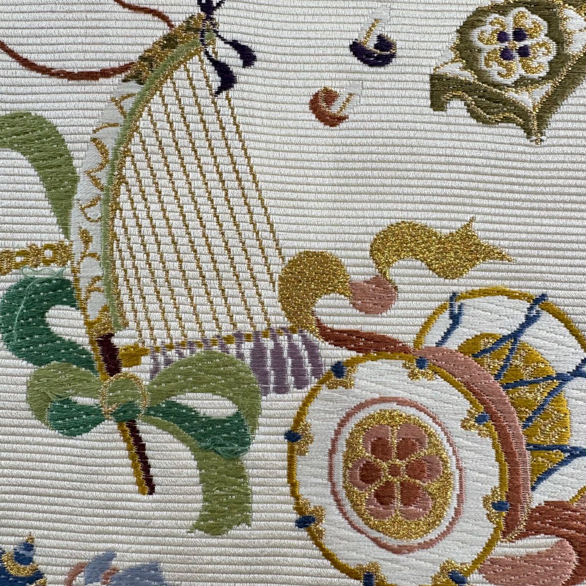 袋帶 秀品級 和樂器 花 唐織 金絲 奶油 六通 純蠶絲