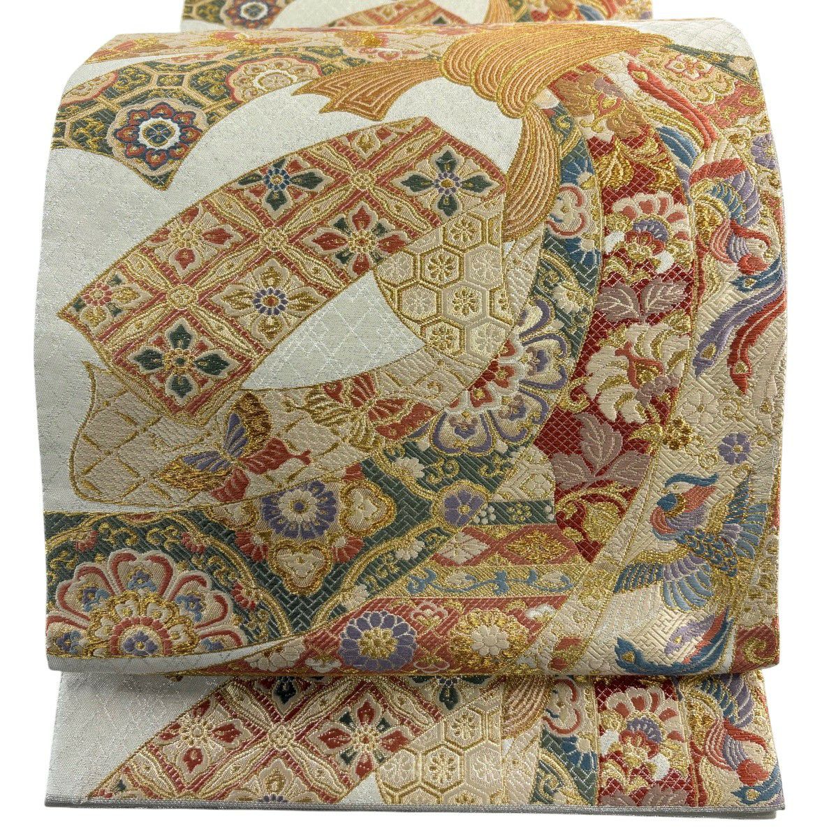 【美品】 袋帶 秀品級 束捲熨斗紋 花鳥 唐織 金絲 金色 六通 純蠶絲