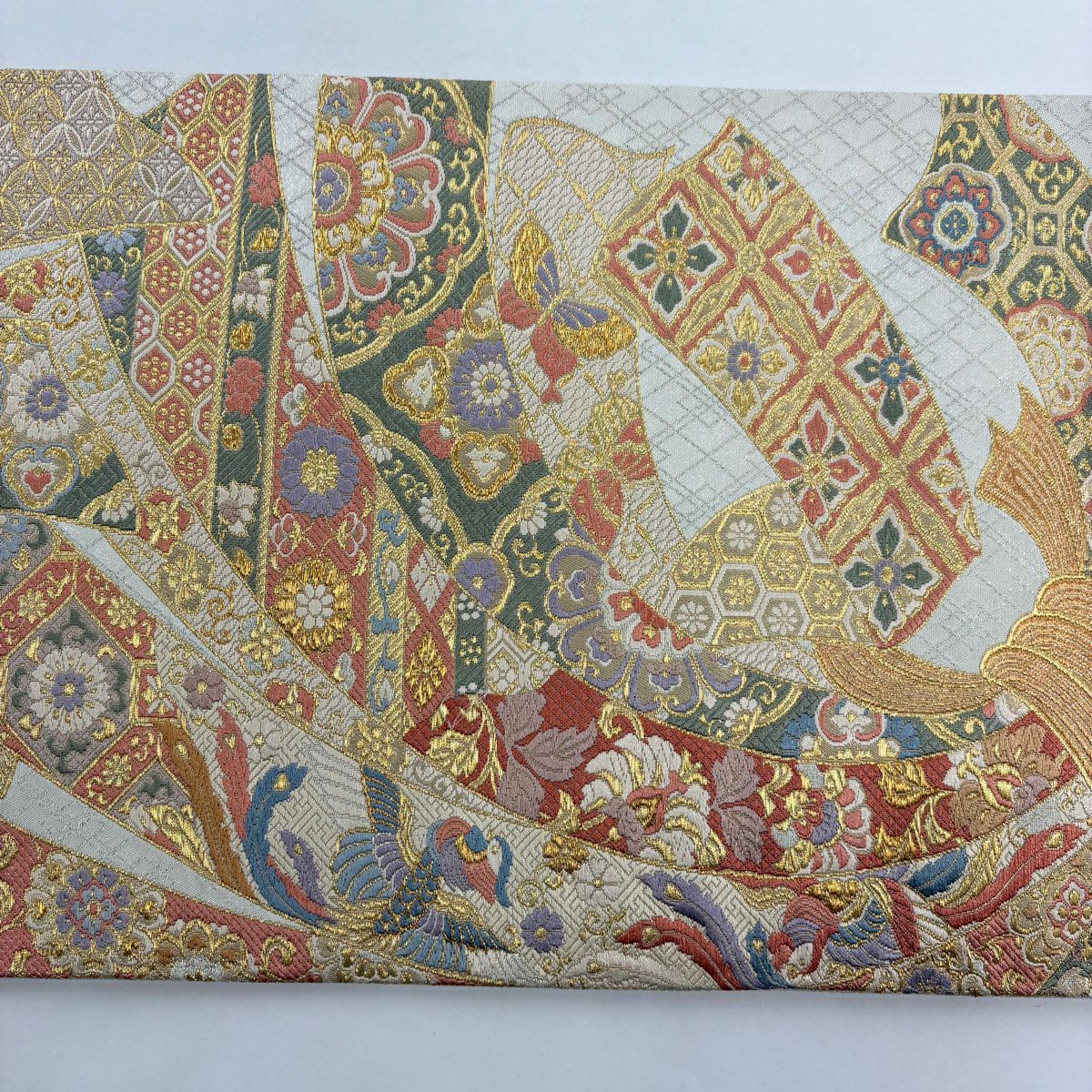 【美品】 袋帶 秀品級 束捲熨斗紋 花鳥 唐織 金絲 金色 六通 純蠶絲