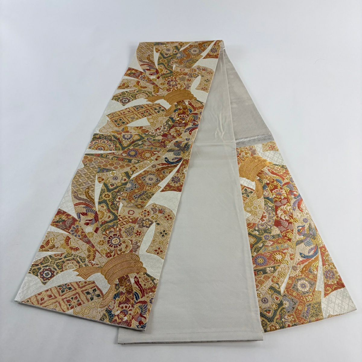 【美品】 袋帶 秀品級 束捲熨斗紋 花鳥 唐織 金絲 金色 六通 純蠶絲
