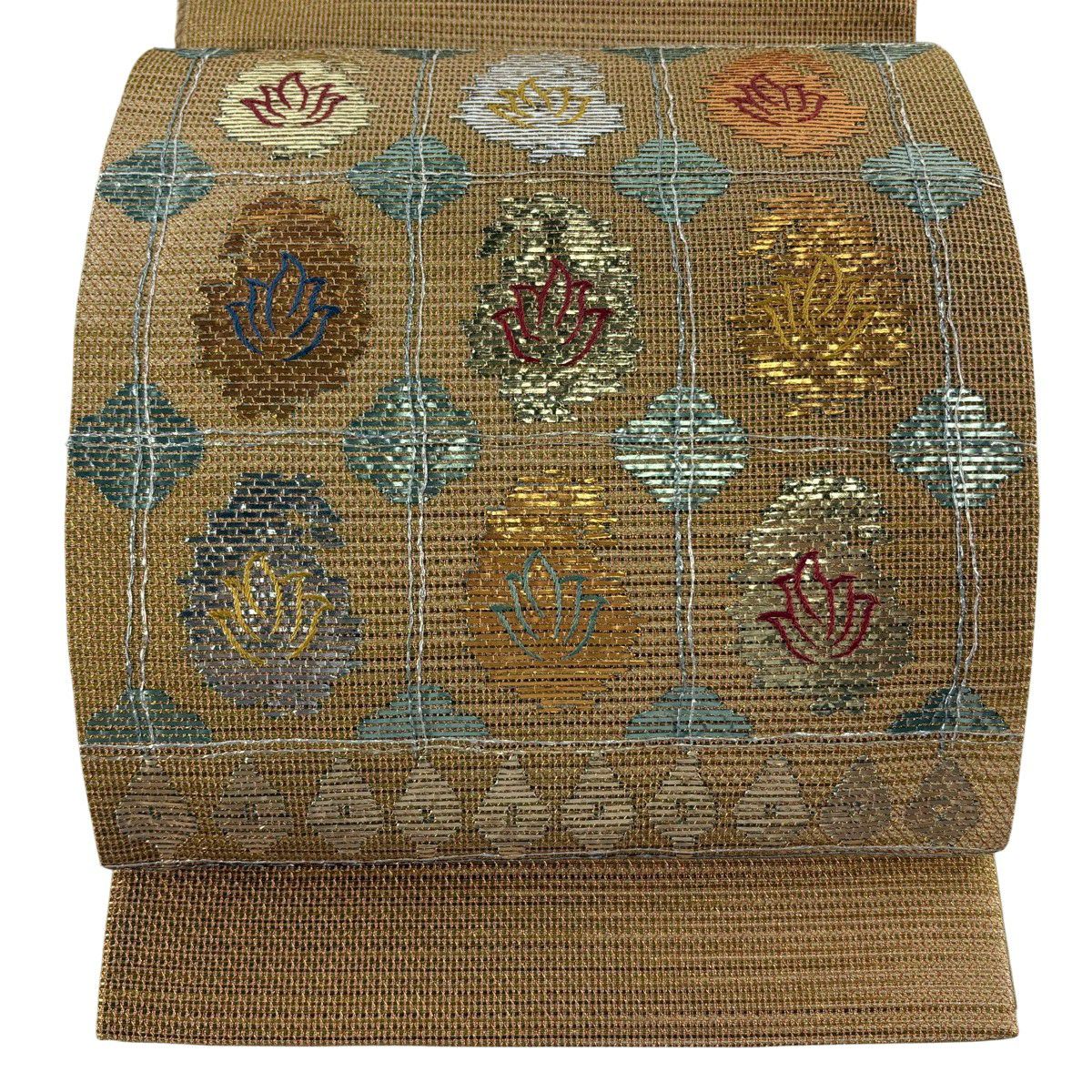 【美品】 袋帶 秀品級 草花紋紋 格子 金金箔 金色 大鼓圖案 純蠶絲