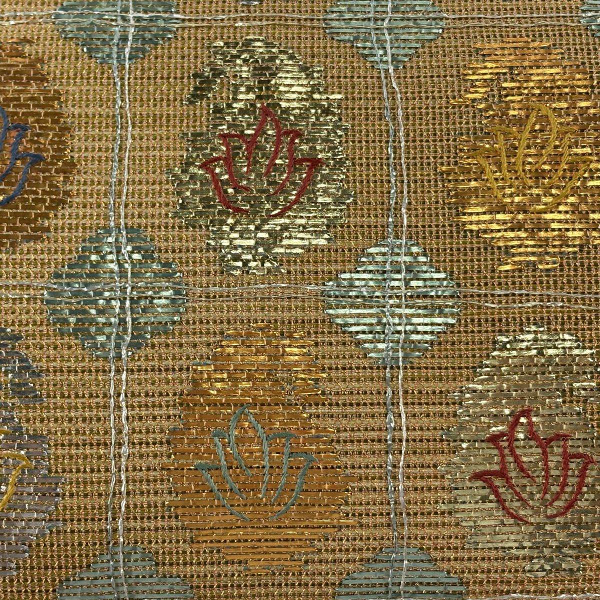 【美品】 袋帶 秀品級 草花紋紋 格子 金金箔 金色 大鼓圖案 純蠶絲