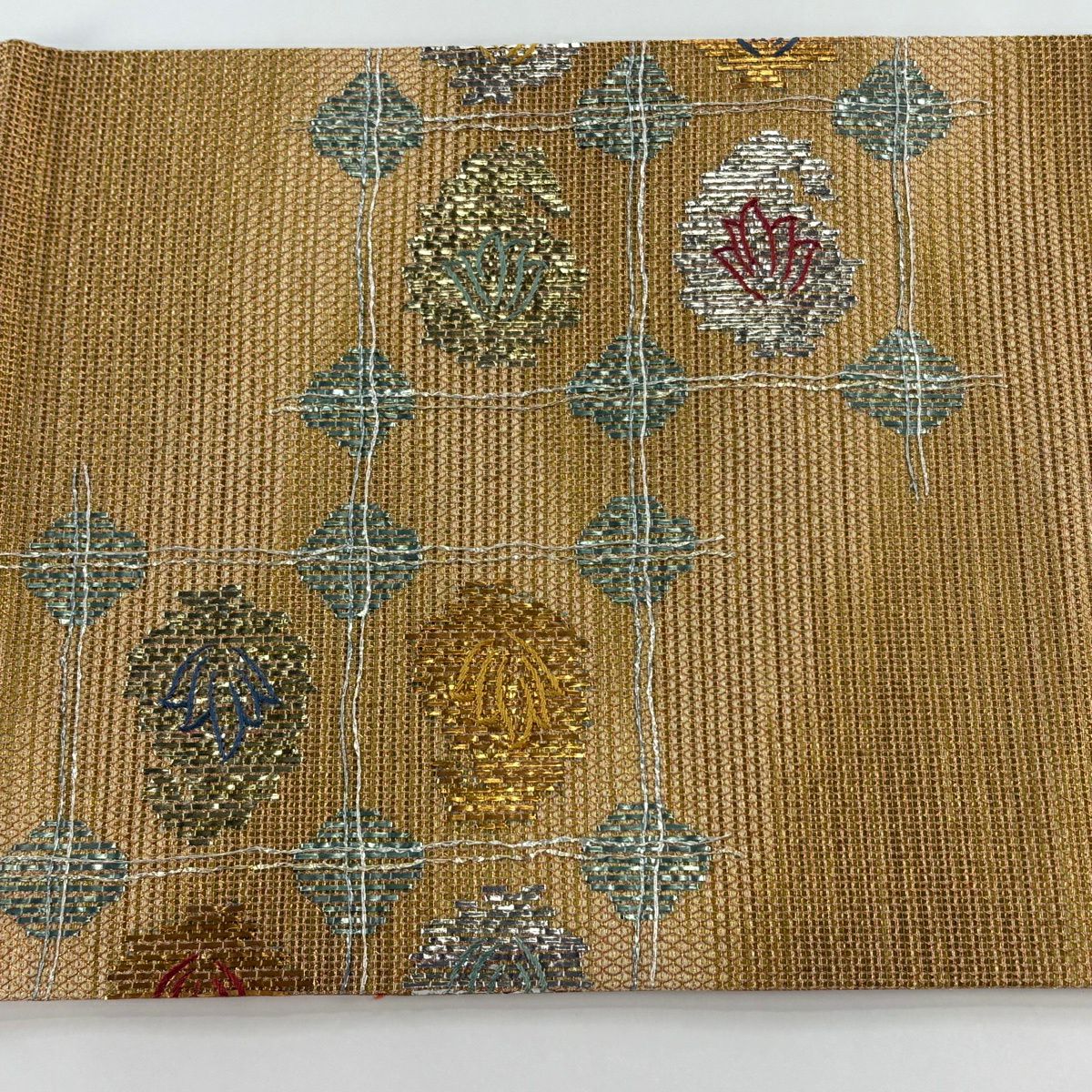 【美品】 袋帶 秀品級 草花紋紋 格子 金金箔 金色 大鼓圖案 純蠶絲