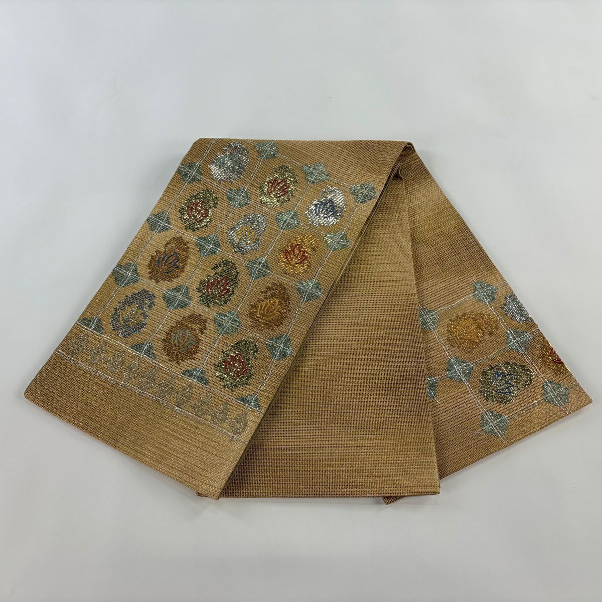 【美品】 袋帶 秀品級 草花紋紋 格子 金金箔 金色 大鼓圖案 純蠶絲