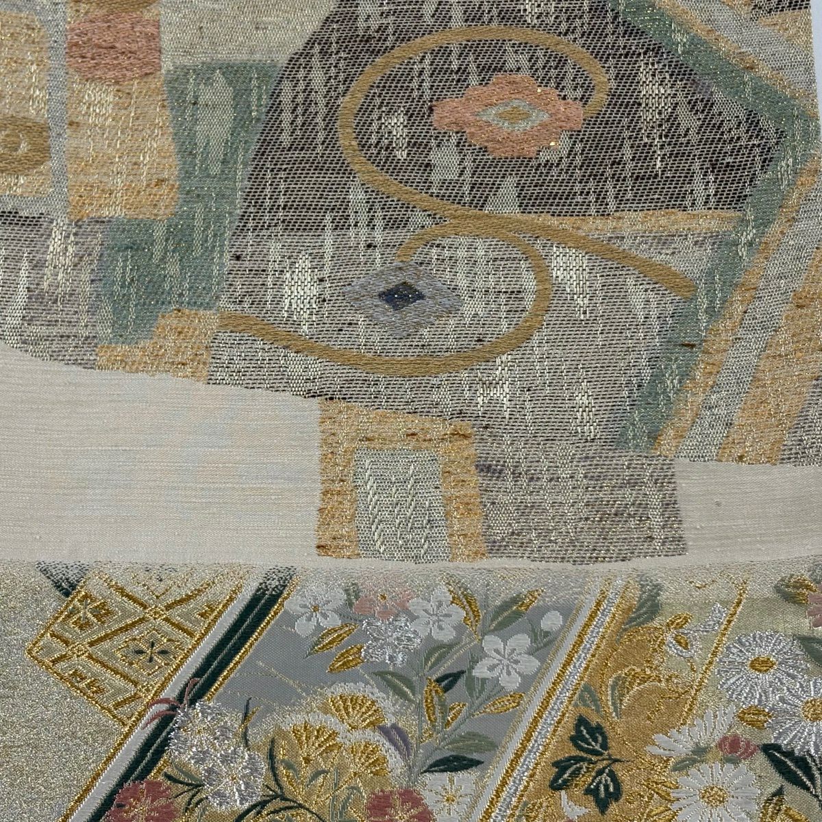 【美品】 袋帶 優品級 草花紋 幾何圖案 金銀線 金金箔 灰綠 大鼓紋 純蠶絲