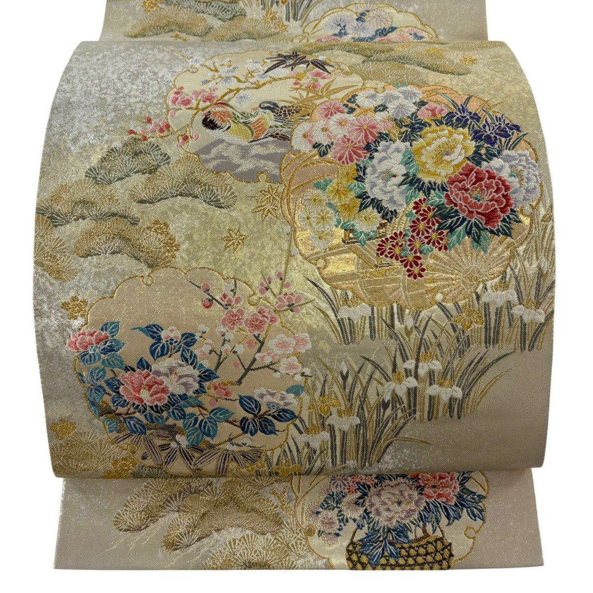 【美品】 袋帶 秀品級 鈴乃屋 吉祥雪輪紋 花車 唐織 金金箔 米色 六通 純蠶絲